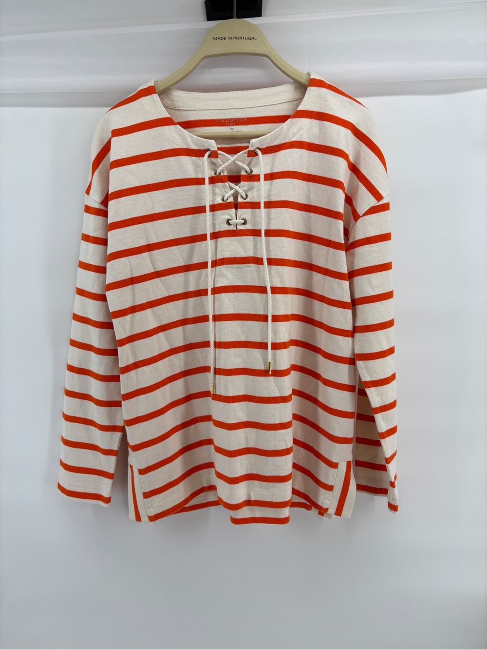 Talbots Petite Medium Orange White Striped Lace-Up Cotton Sweater Top MP